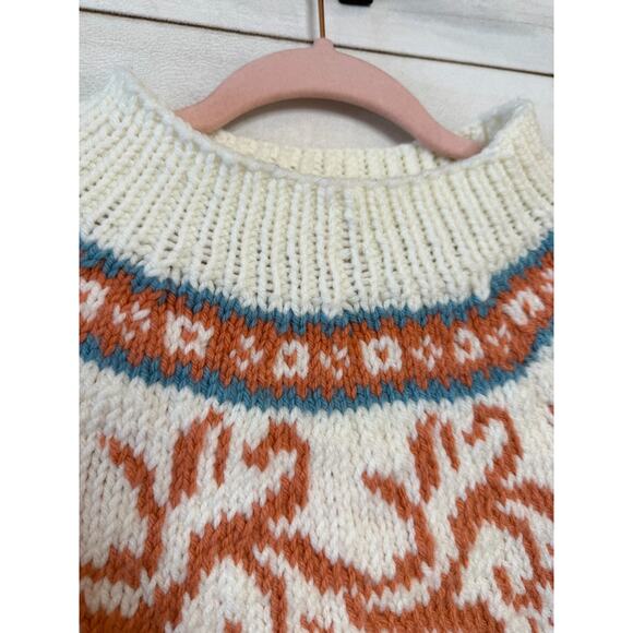 Vintage Ski Sweater Coral Teal White Wool Knit Cozy Winter High Neck Est LG - Picture 4 of 6